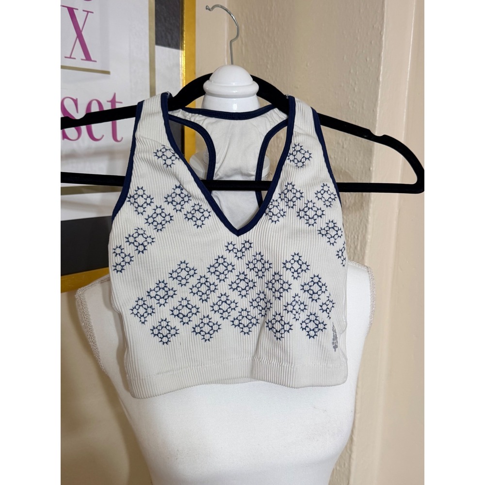 FP Movement Free People White Blue Ribbed Star Print Racerback Crop Tank Top S